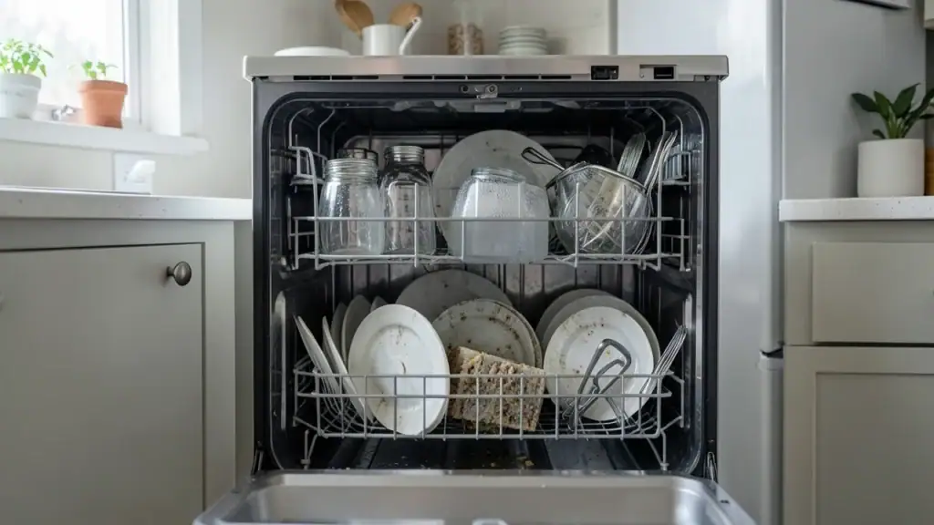 dishwasher not cleaning properly, shown in a clean realistic home appliance scene.