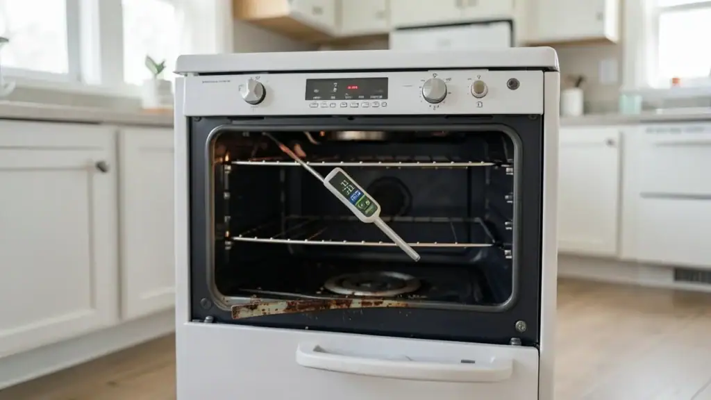 oven overheating, shown in a clean realistic home appliance scene.