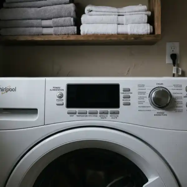 Completely dark and unresponsive control panel on a washing machine that fails to turn on.