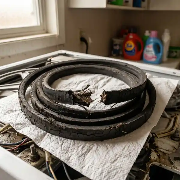 Close-up of a cracked and worn washing machine drive belt preventing the drum from spinning.