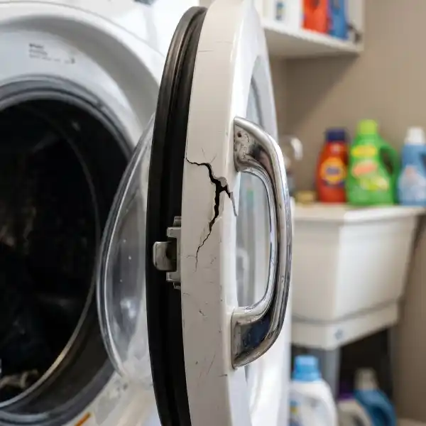 Close-up of a cracked plastic door handle and latch mechanism on a front-load washing machine.