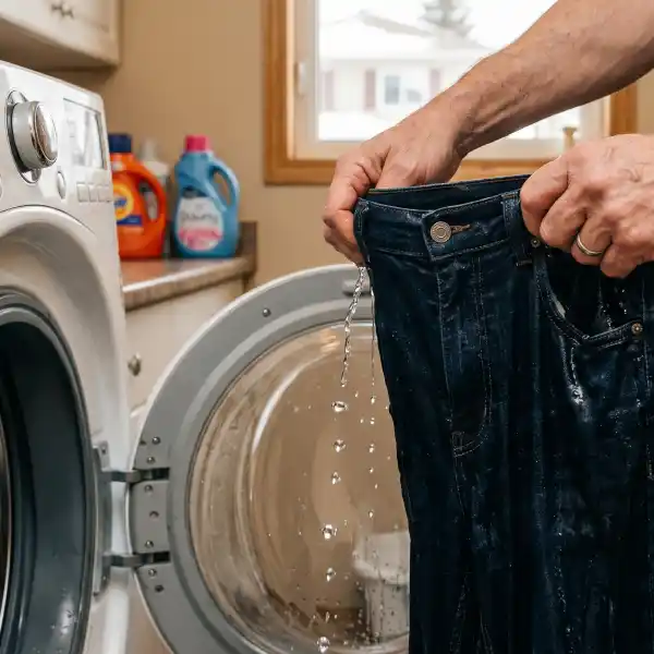 Hands pulling soaking wet, dripping dark denim jeans from a washing machine drum.