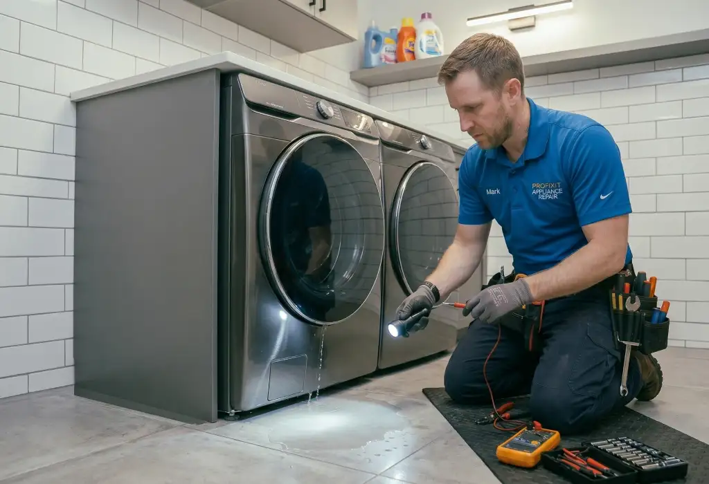 Profixit technician using a flashlight to inspect a leaking washing machine during a washer repair service call in Winnipeg