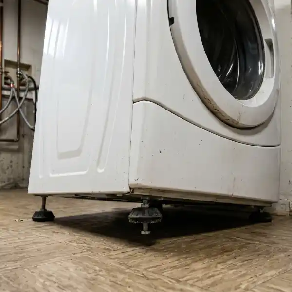 Close-up of a washing machine leveling foot raised off the floor, causing the machine to shake and vibrate.