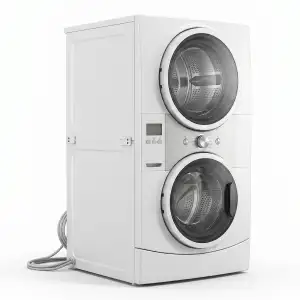 White stacked washer and dryer combo unit requiring specialized washer repair services in Winnipeg