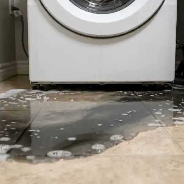 Puddle of soapy water leaking onto a laundry room floor from under a white front-load washing machine.
