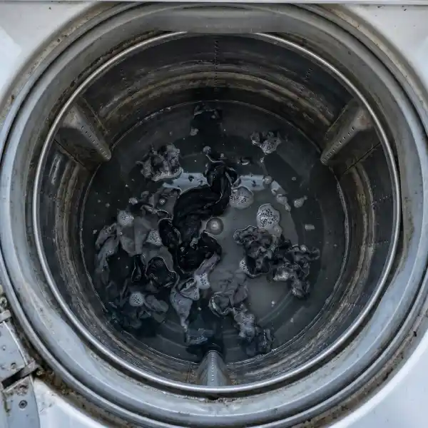 Murky standing water pooled inside a broken front-load washing machine drum that will not drain.