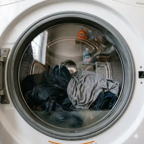 Soaking wet laundry visible through the glass door of a washing machine that has unexpectedly stopped mid-cycle.