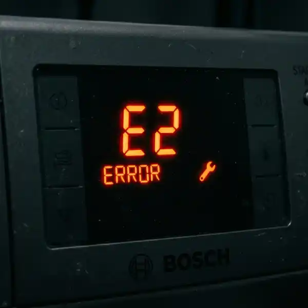 Bosch Washing machine digital display panel showing a bright orange-red E2 error code on a dark background.