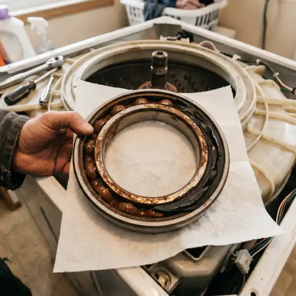 Technician inspecting a rusted, cracked, and heavily worn washing machine drum bearing.