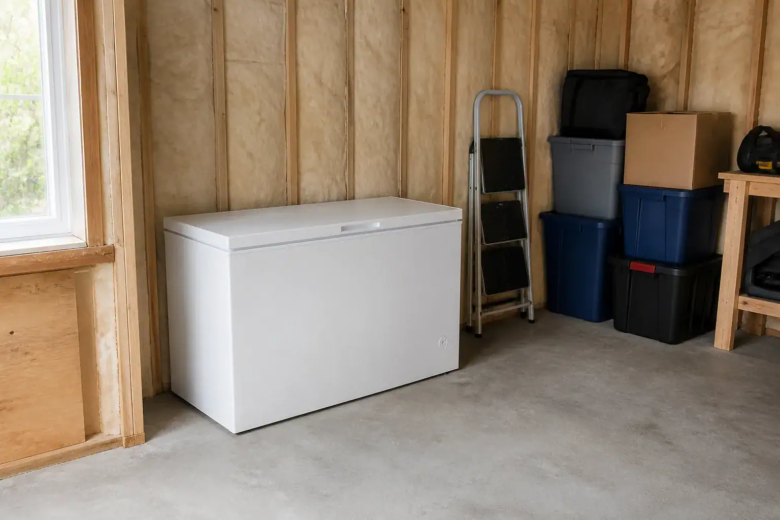 White chest freezer standing in a Canadian garage, a better choice than a fridge for an unheated space
