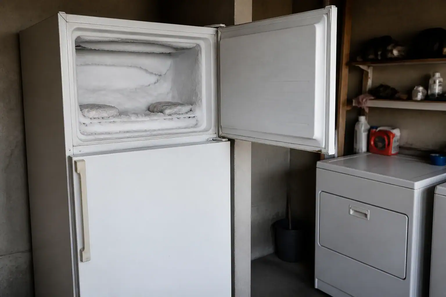 Freezer compartment of a garage refrigerator packed with heavy frost from repeated thawing and refreezing