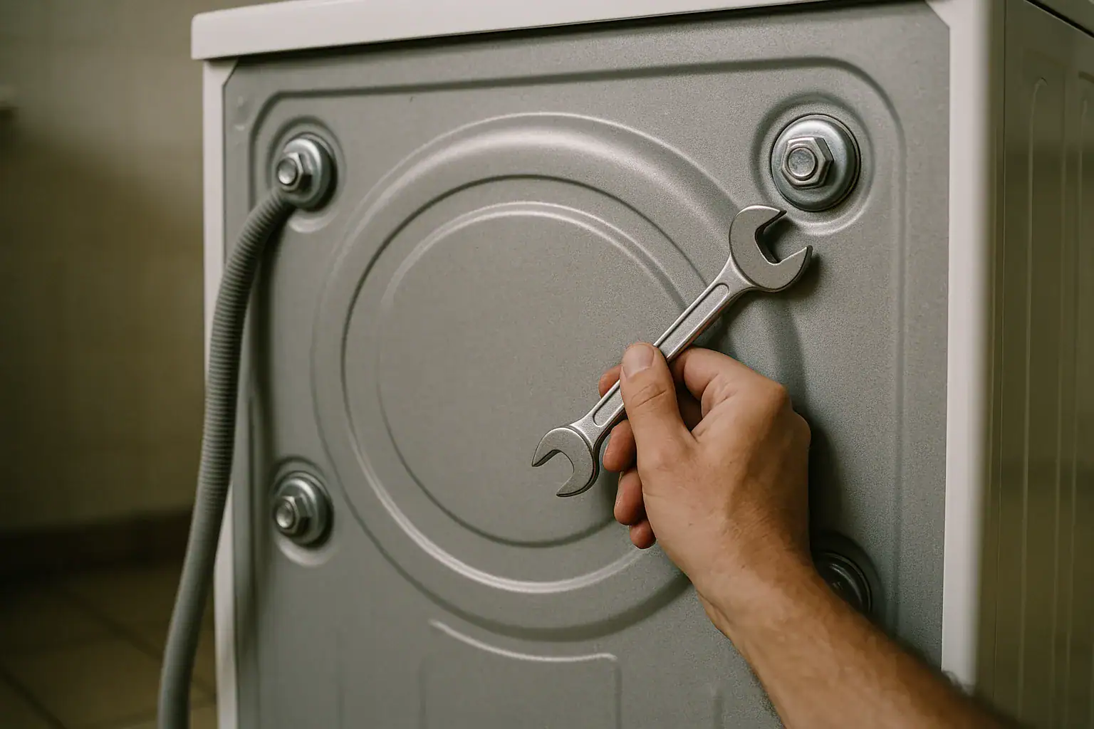 Steel shipping bolts still fitted in the rear panel of a newly installed front loading washing machine