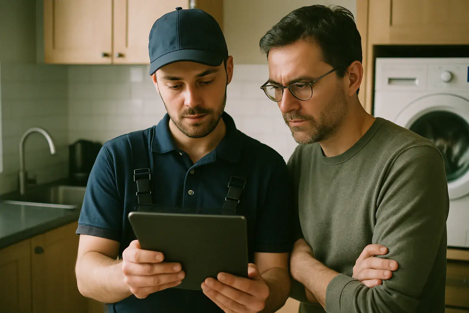 Appliance technician showing a homeowner a written repair quote on a tablet in a Winnipeg kitchen