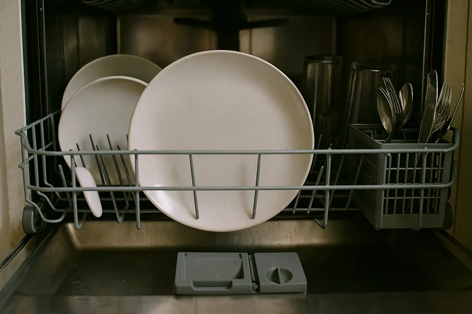 Large plate loaded in the front row of a dishwasher blocking the detergent dispenser flap on the door