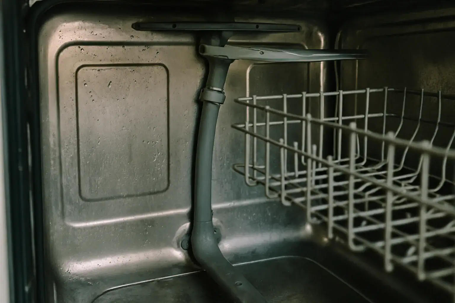 Water feed tube running up the back wall of a dishwasher to the upper spray arm