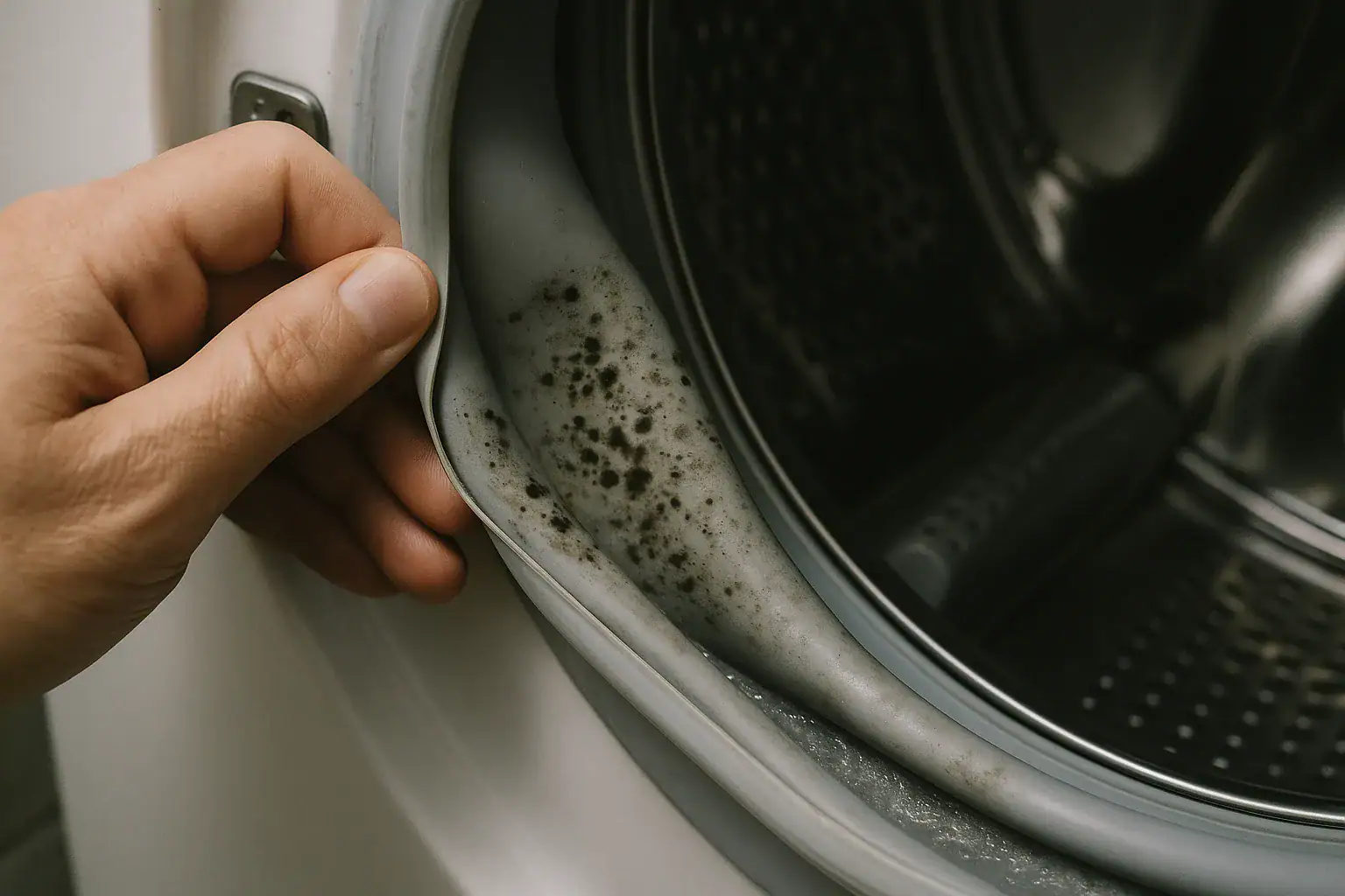 Rubber door seal of a front loading washing machine pulled back to reveal black mould spotting in the fold