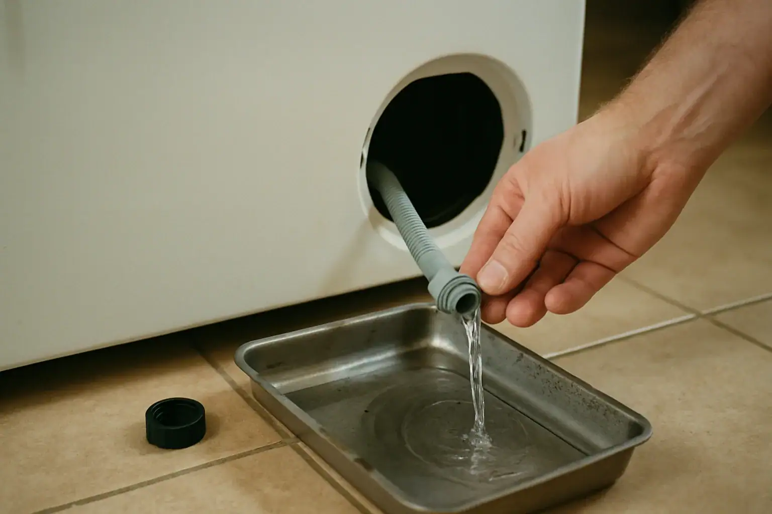 Small drain tube pulled from a washing machine filter hatch draining water into a shallow tray